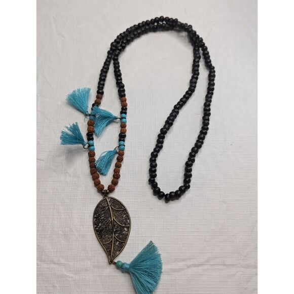 Vintage 1960s Turquoise Tassel Beaded Boho Necklace Feather Pendant - Picture 3 of 4